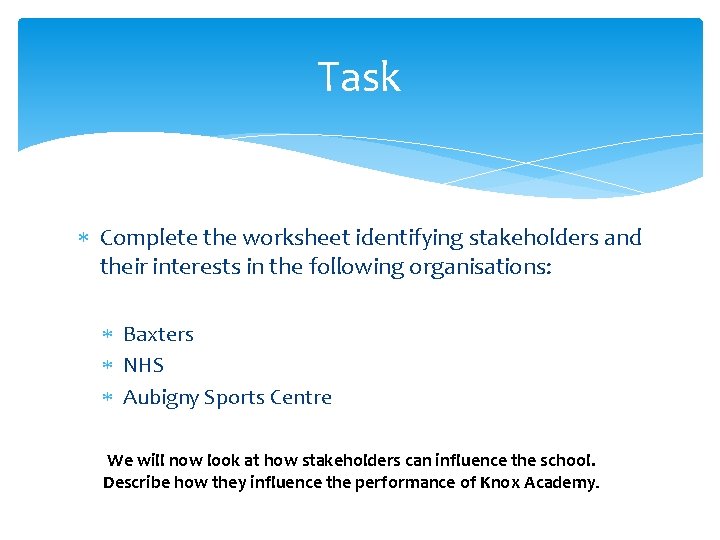 Task Complete the worksheet identifying stakeholders and their interests in the following organisations: Baxters