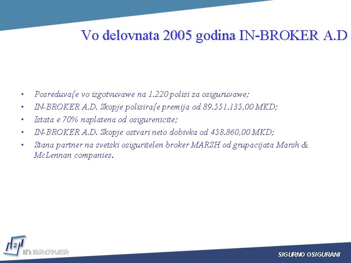 Vo delovnata 2005 godina IN-BROKER A. D • • • Posreduva{e vo izgotvuvawe na