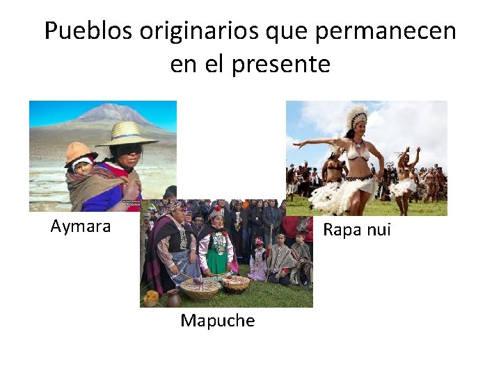 Pueblos originarios que permanecen en el presente Aymara Rapa nui Mapuche 