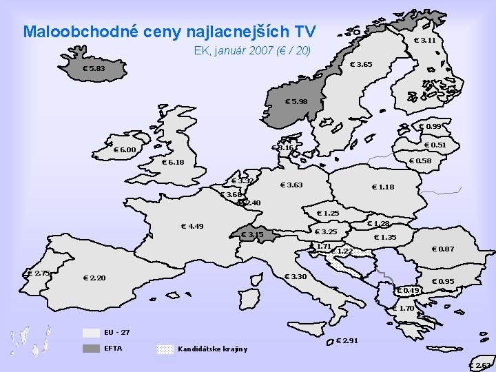Maloobchodné ceny najlacnejších TV € 3. 11 EK, január 2007 (€ / 20) €