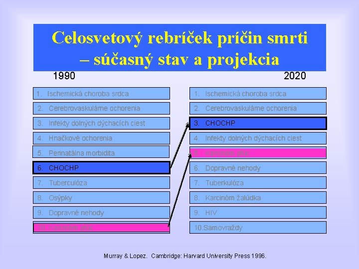 Celosvetový rebríček príčin smrti – súčasný stav a projekcia 1990 2020 1. Ischemická choroba