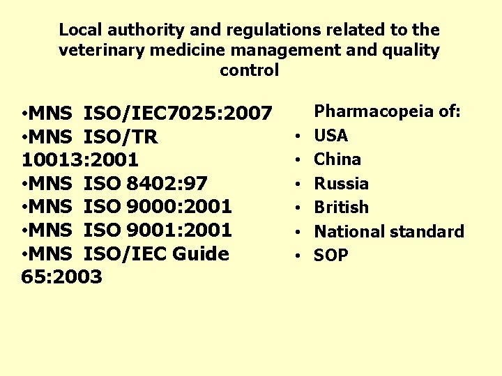 Local authority and regulations related to the veterinary medicine management and quality control •