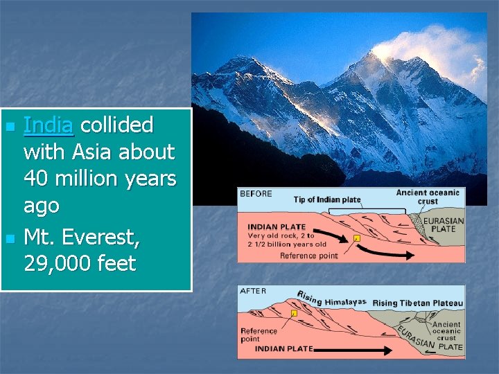 n n India collided with Asia about 40 million years ago Mt. Everest, 29,