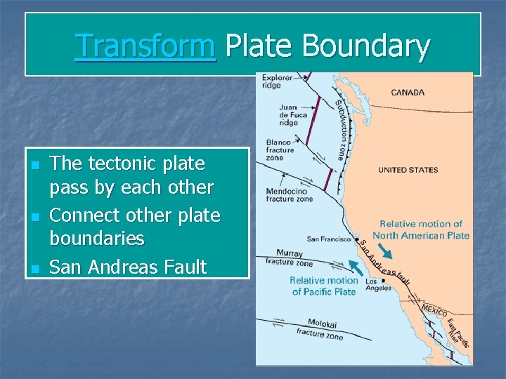 Transform Plate Boundary n n n The tectonic plate pass by each other Connect