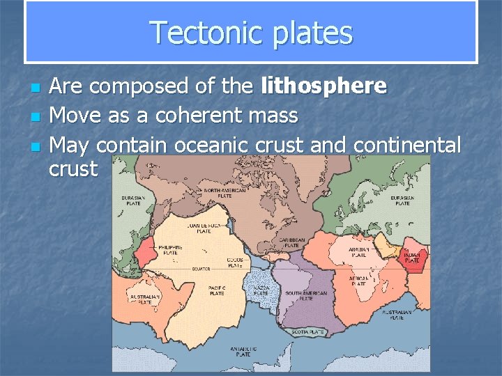 Tectonic plates n n n Are composed of the lithosphere Move as a coherent