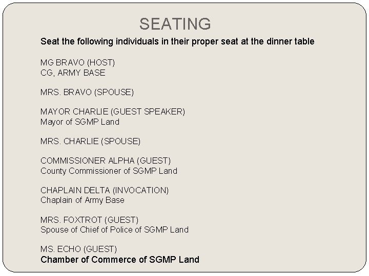 SEATING Seat the following individuals in their proper seat at the dinner table MG