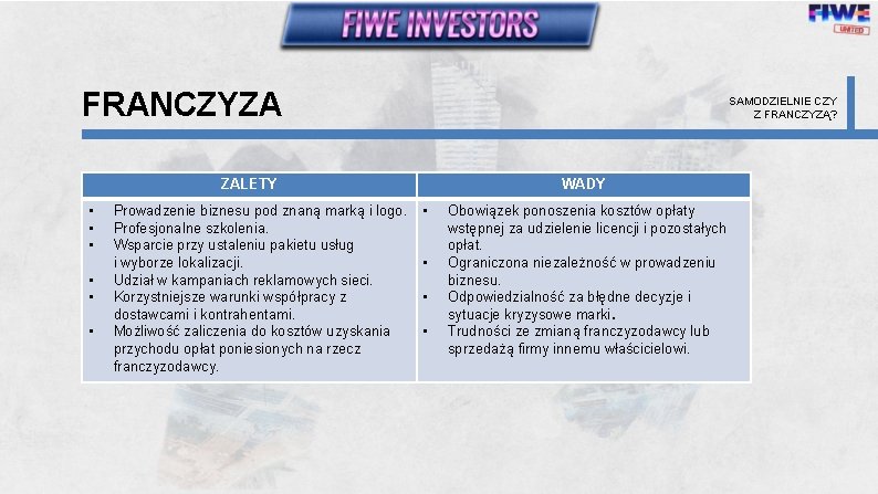 FRANCZYZA SAMODZIELNIE CZY Z FRANCZYZĄ? ZALETY • • • Prowadzenie biznesu pod znaną marką