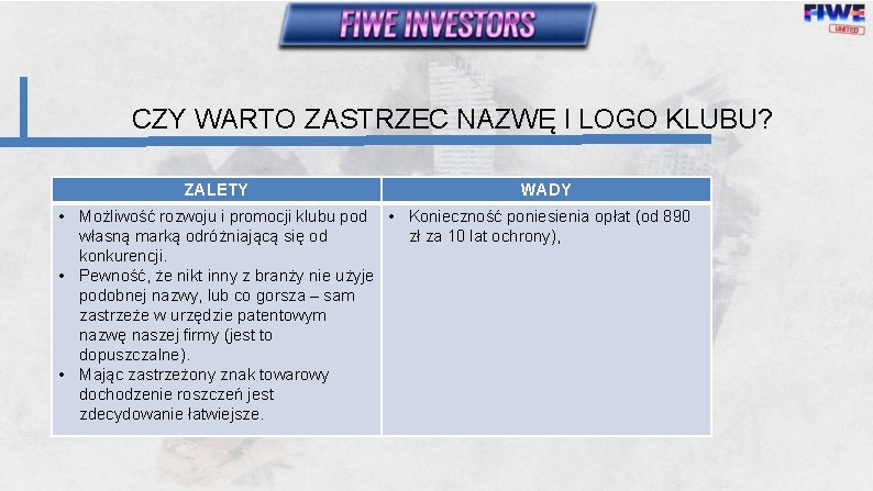 CZY WARTO ZASTRZEC NAZWĘ I LOGO KLUBU? ZALETY WADY • Możliwość rozwoju i promocji