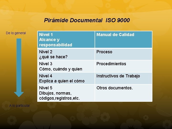 Pirámide Documental ISO 9000 De lo general A lo particular Nivel 1 Alcance y