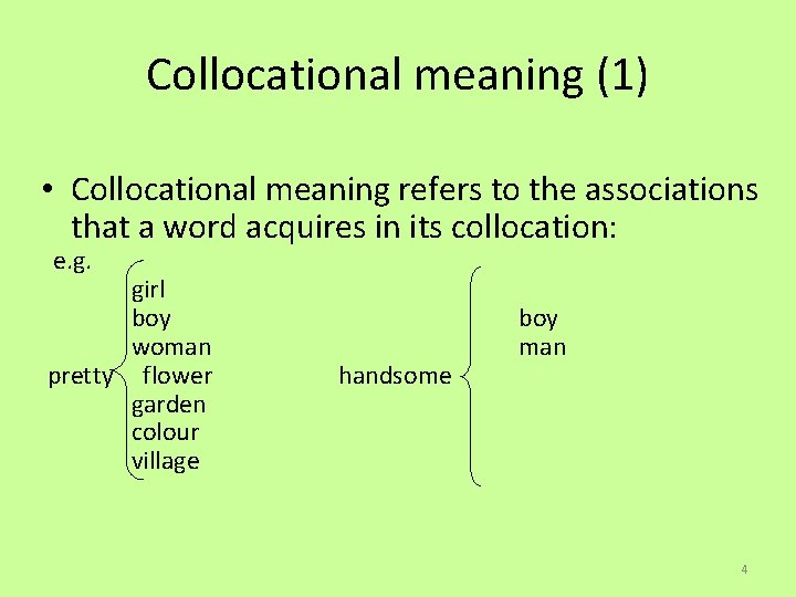 Collocational meaning (1) • Collocational meaning refers to the associations that a word acquires