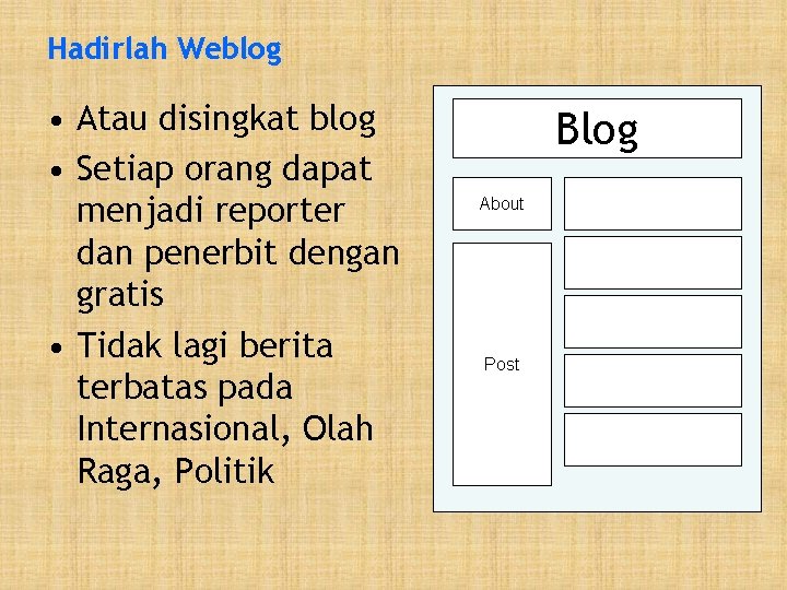 Hadirlah Weblog • Atau disingkat blog • Setiap orang dapat menjadi reporter dan penerbit