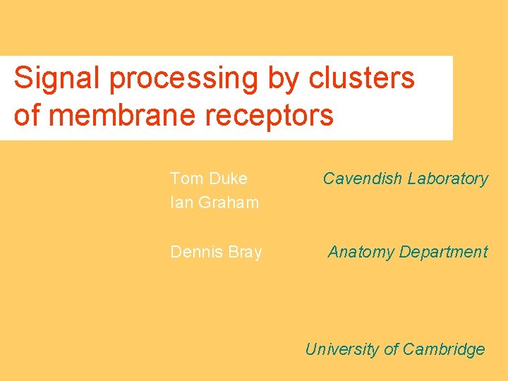Signal processing by clusters of membrane receptors Tom Duke Ian Graham Cavendish Laboratory Dennis