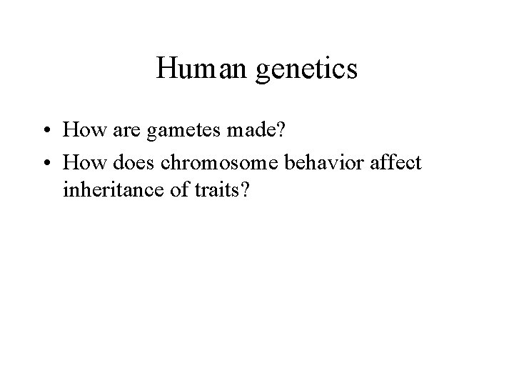Human genetics • How are gametes made? • How does chromosome behavior affect inheritance