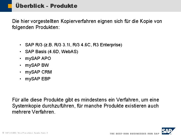 Überblick - Produkte Die hier vorgestellten Kopierverfahren eignen sich für die Kopie von folgenden