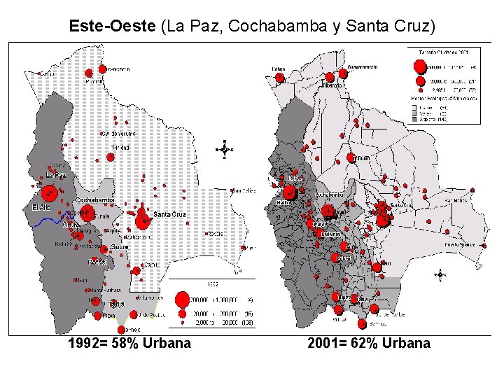 Este-Oeste (La Paz, Cochabamba y Santa Cruz) 1992= 58% Urbana 2001= 62% Urbana 