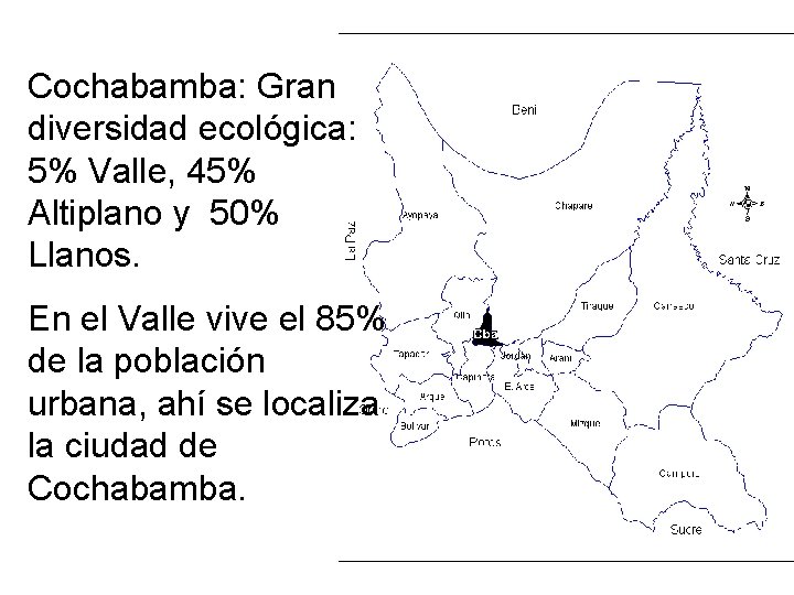 Cochabamba: Gran diversidad ecológica: 5% Valle, 45% Altiplano y 50% Llanos. En el Valle