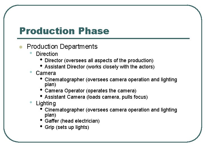 Production Phase l Production Departments • Direction • Camera • Lighting • • Director