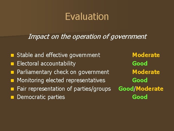 Evaluation Impact on the operation of government n n n Stable and effective government
