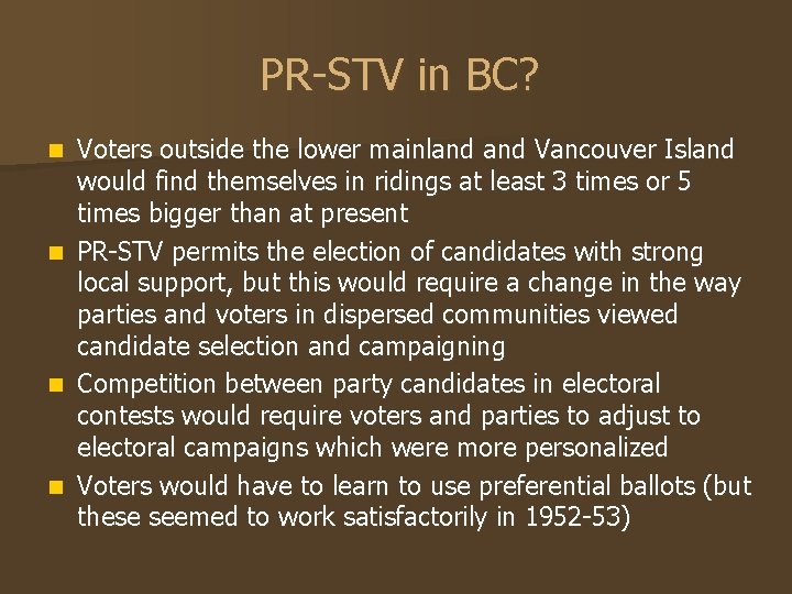 PR-STV in BC? Voters outside the lower mainland Vancouver Island would find themselves in