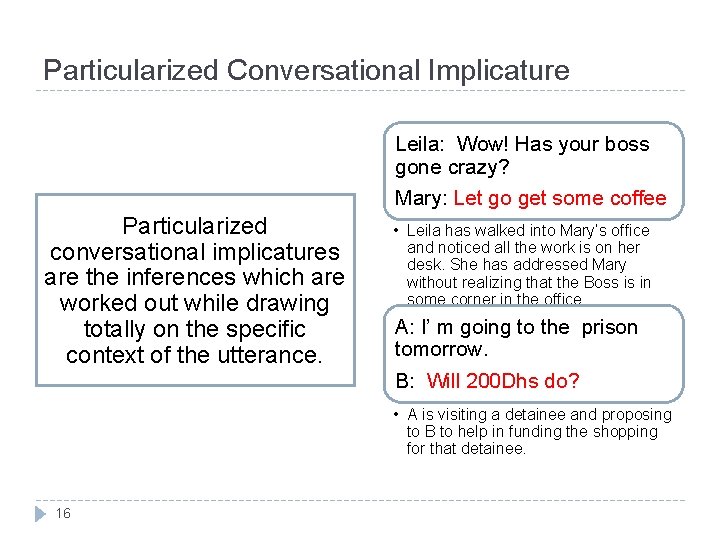Particularized Conversational Implicature Leila: Wow! Has your boss gone crazy? Mary: Let go get