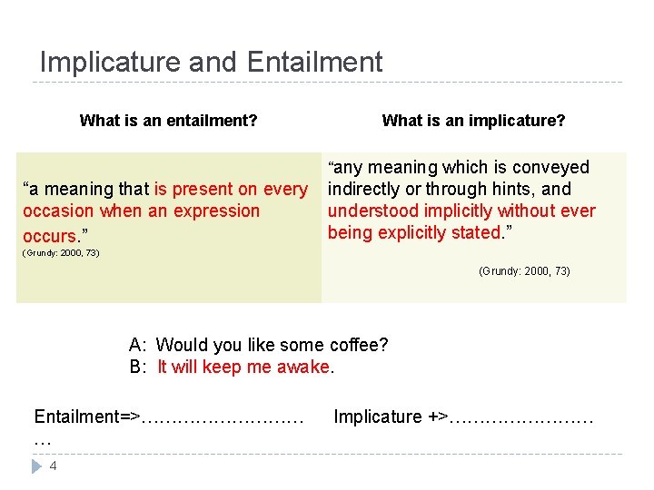 Implicature and Entailment What is an entailment? What is an implicature? “any meaning which