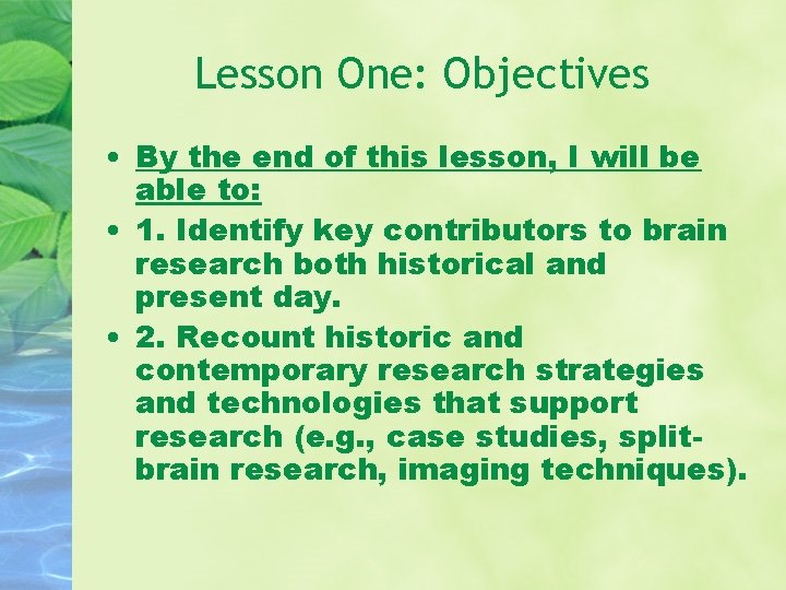 Lesson One: Objectives • By the end of this lesson, I will be able