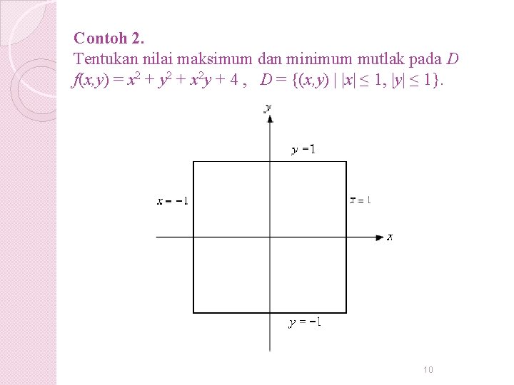 Contoh 2. Tentukan nilai maksimum dan minimum mutlak pada D f(x, y) = x