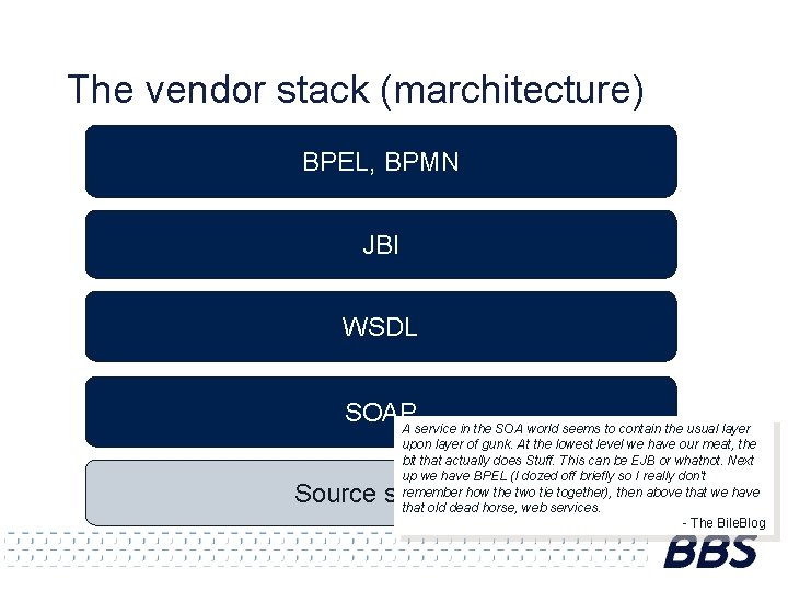 The vendor stack (marchitecture) BPEL, BPMN JBI WSDL SOAP A service in the SOA