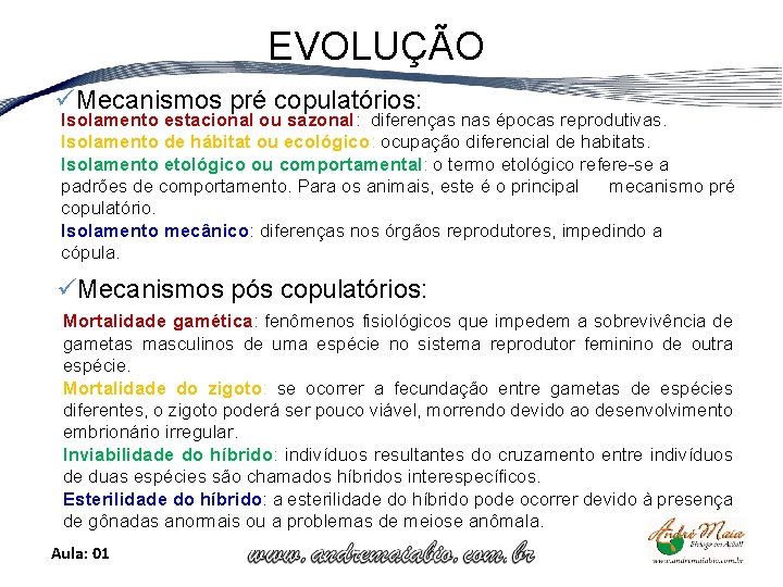 EVOLUÇÃO üMecanismos pré copulatórios: Isolamento estacional ou sazonal: diferenças nas épocas reprodutivas. Isolamento de