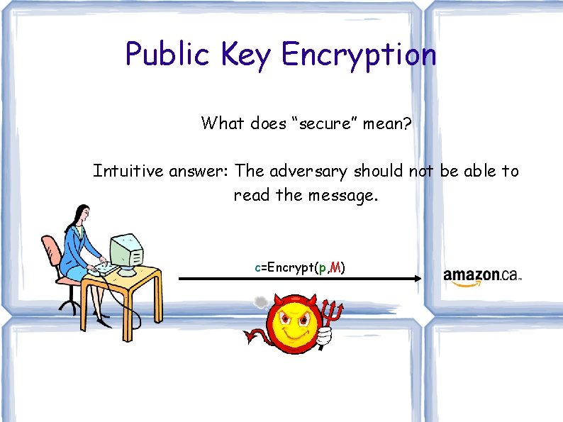Public Key Encryption What does “secure” mean? Intuitive answer: The adversary should not be Public Key Encryption What does “secure” mean? Intuitive answer: The adversary should not be