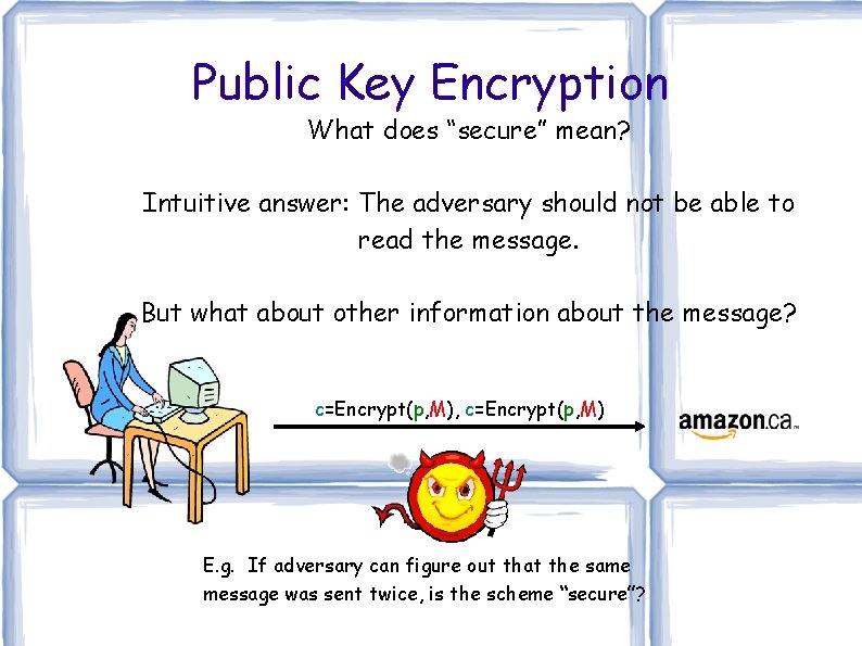 Public Key Encryption What does “secure” mean? Intuitive answer: The adversary should not be