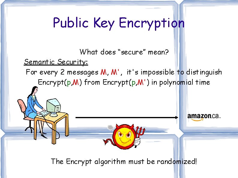 Public Key Encryption What does “secure” mean? Semantic Security: For every 2 messages M, Public Key Encryption What does “secure” mean? Semantic Security: For every 2 messages M,