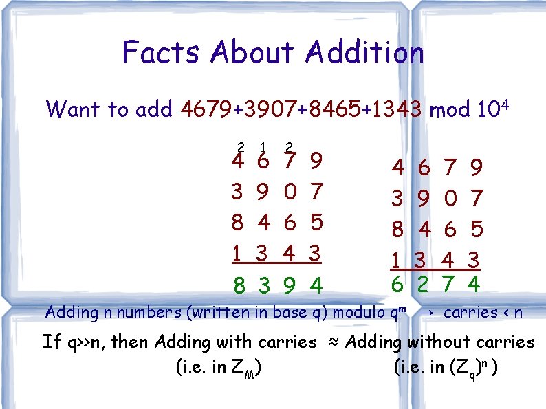 Facts About Addition Want to add 4679+3907+8465+1343 mod 104 2 4 3 8 1