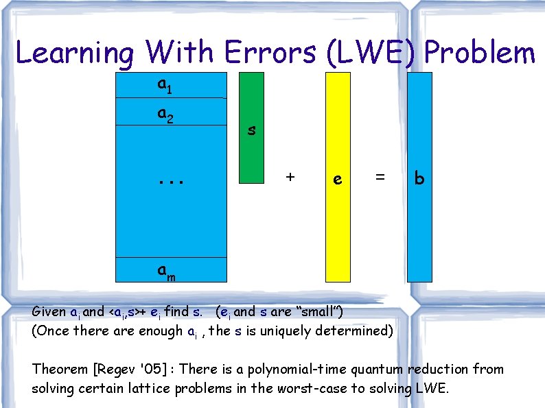 Learning With Errors (LWE) Problem a 1 a 2. . . s + e Learning With Errors (LWE) Problem a 1 a 2. . . s + e