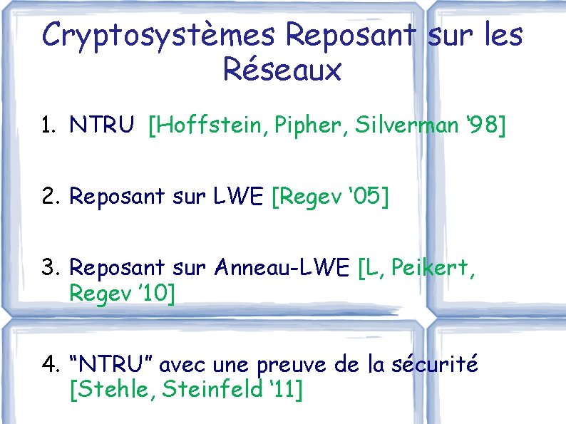 Cryptosystèmes Reposant sur les Réseaux 1. NTRU [Hoffstein, Pipher, Silverman ‘ 98] 2. Reposant