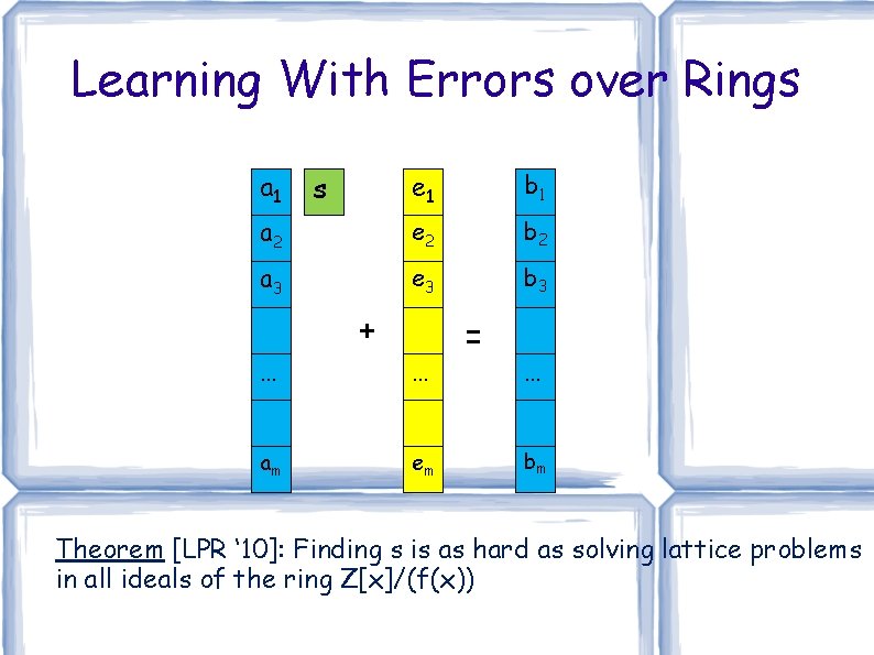 Learning With Errors over Rings a 1 s e 1 b 1 a 2 Learning With Errors over Rings a 1 s e 1 b 1 a 2