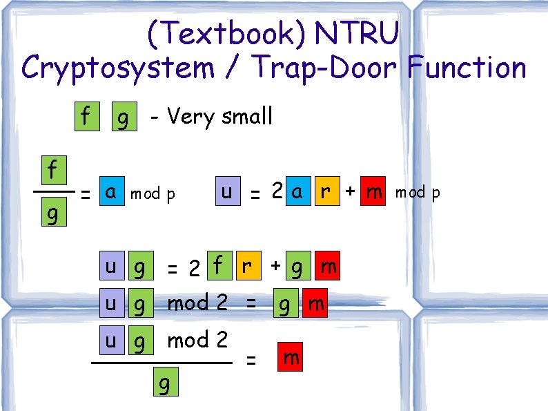 (Textbook) NTRU Cryptosystem / Trap-Door Function f f g g - Very small = (Textbook) NTRU Cryptosystem / Trap-Door Function f f g g - Very small =