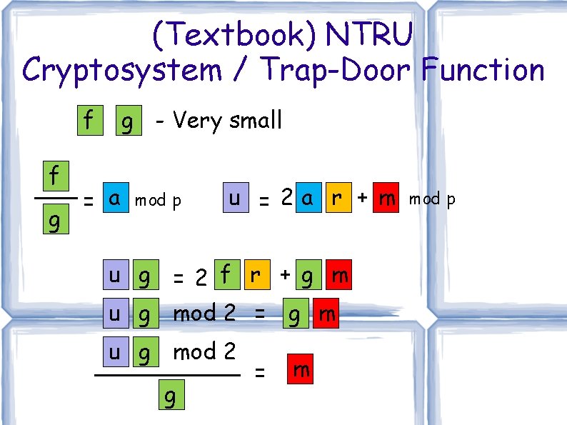 (Textbook) NTRU Cryptosystem / Trap-Door Function f f g g - Very small =