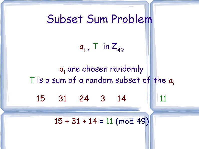 Subset Sum Problem ai , T in Z 49 ai are chosen randomly T