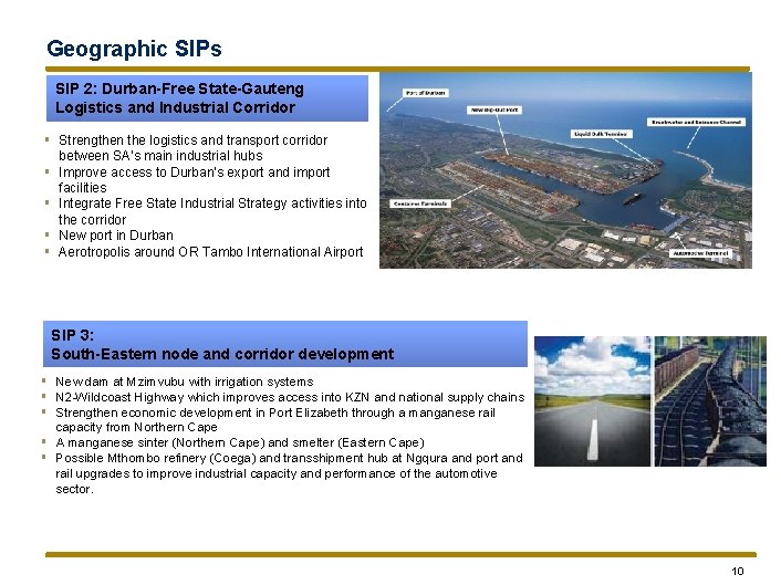 Geographic SIPs SIP 2: Durban-Free State-Gauteng Logistics and Industrial Corridor § Strengthen the logistics