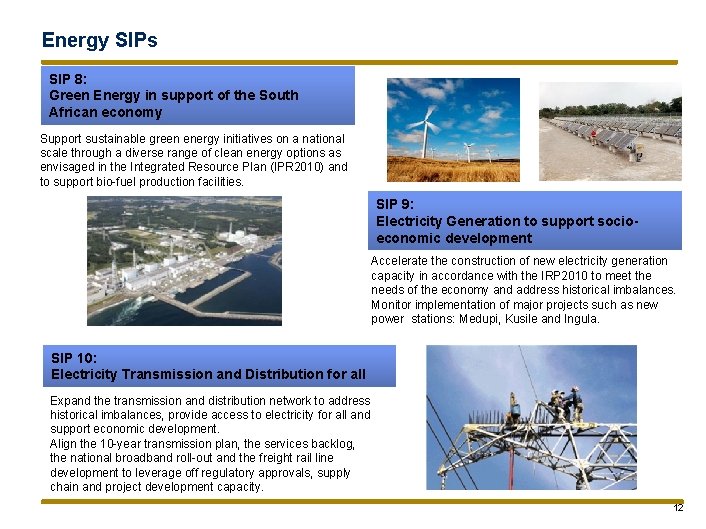 Energy SIPs SIP 8: Green Energy in support of the South African economy Support