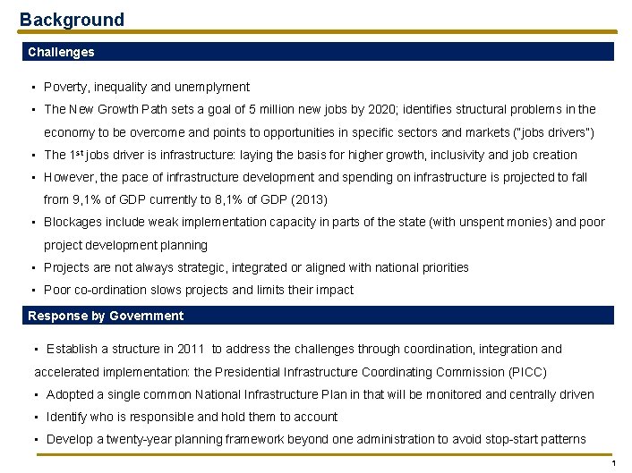 Background Challenges • Poverty, inequality and unemplyment • The New Growth Path sets a