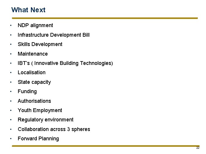 What Next • NDP alignment • Infrastructure Development Bill • Skills Development • Maintenance