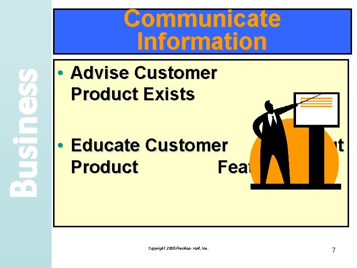 Business Communicate Information • Advise Customer Product Exists • Educate Customer About Product Features