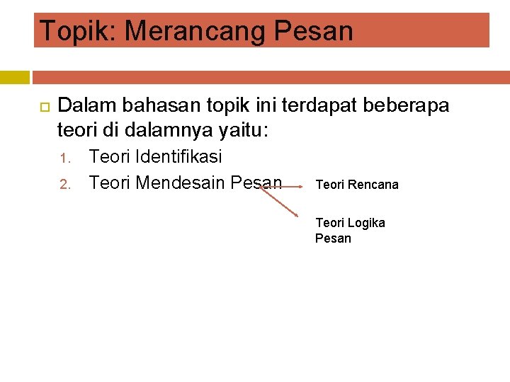 Topik: Merancang Pesan Dalam bahasan topik ini terdapat beberapa teori di dalamnya yaitu: 1.