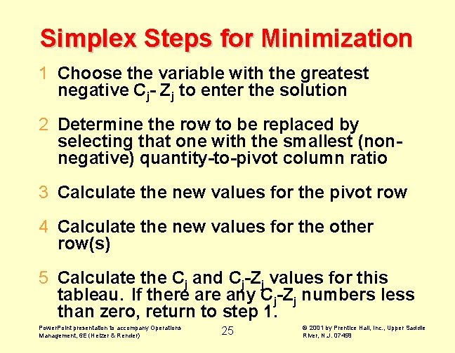 Simplex Steps for Minimization 1 Choose the variable with the greatest negative Cj- Zj
