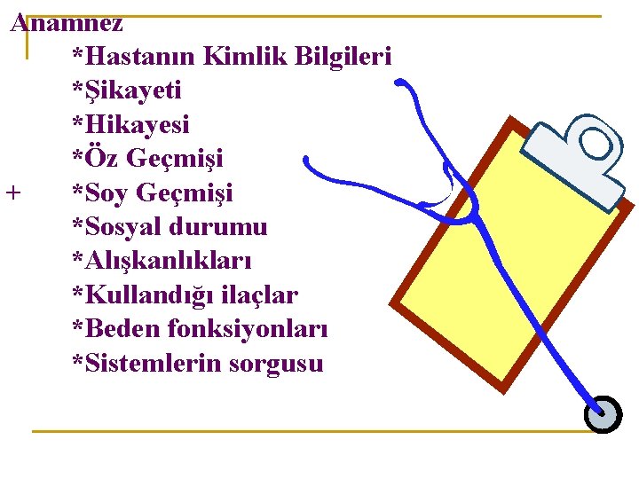 Anamnez *Hastanın Kimlik Bilgileri *Şikayeti *Hikayesi *Öz Geçmişi + *Soy Geçmişi *Sosyal durumu *Alışkanlıkları