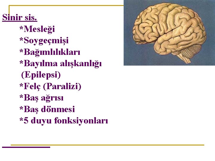 Sinir sis. *Mesleği *Soygeçmişi *Bağımlılıkları *Bayılma alışkanlığı (Epilepsi) *Felç (Paralizi) *Baş ağrısı *Baş dönmesi