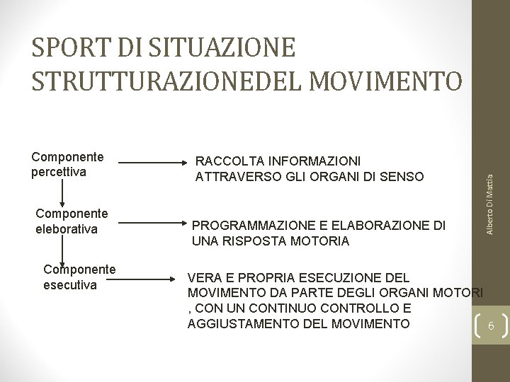 Componente percettiva Componente eleborativa Componente esecutiva RACCOLTA INFORMAZIONI ATTRAVERSO GLI ORGANI DI SENSO PROGRAMMAZIONE