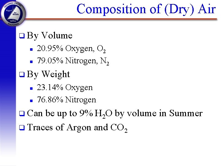 Composition of (Dry) Air q By n n 20. 95% Oxygen, O 2 79.